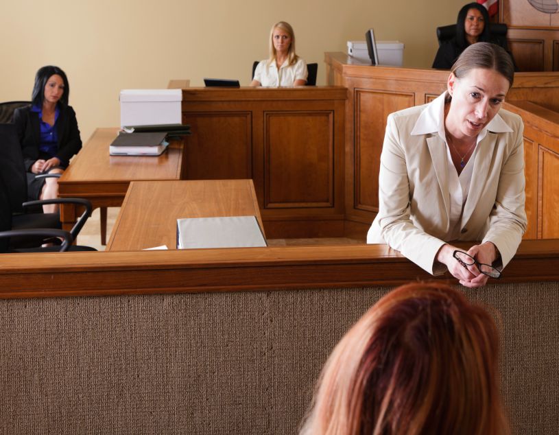 courtroom with an attorney performing a cross examination