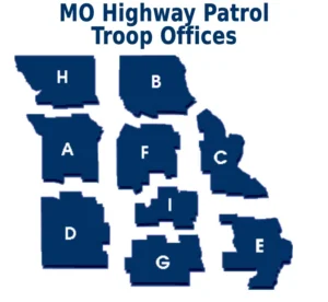 geographical map detailing MO highway patrol headquareters