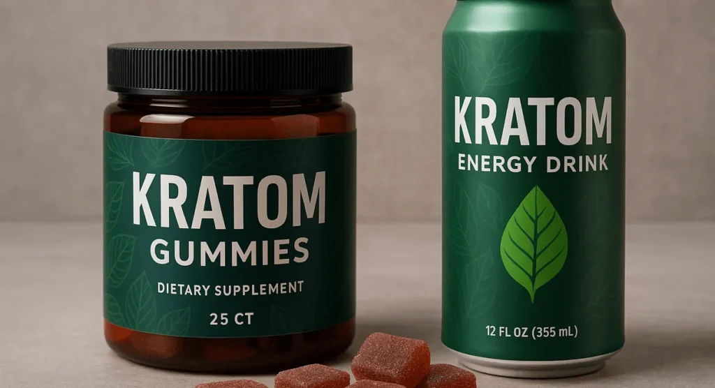 jar of kratom gummies and a kratom energy drink